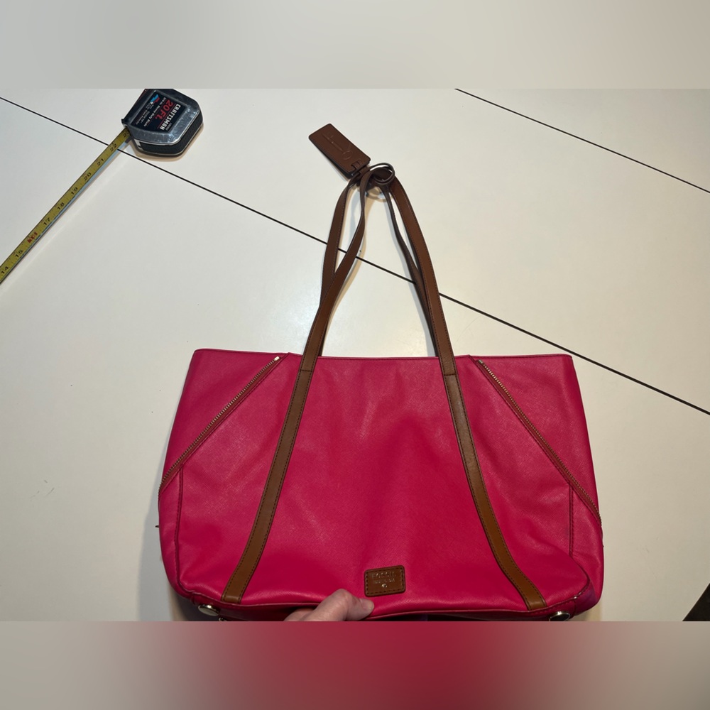 Fossil Magenta Saffiano Leather Large Tote Shoulder Handbag